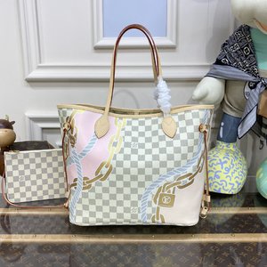 Louis Vuitton LV Neverfull Bags Handbags White Printing Damier Azur Canvas Chains N40471