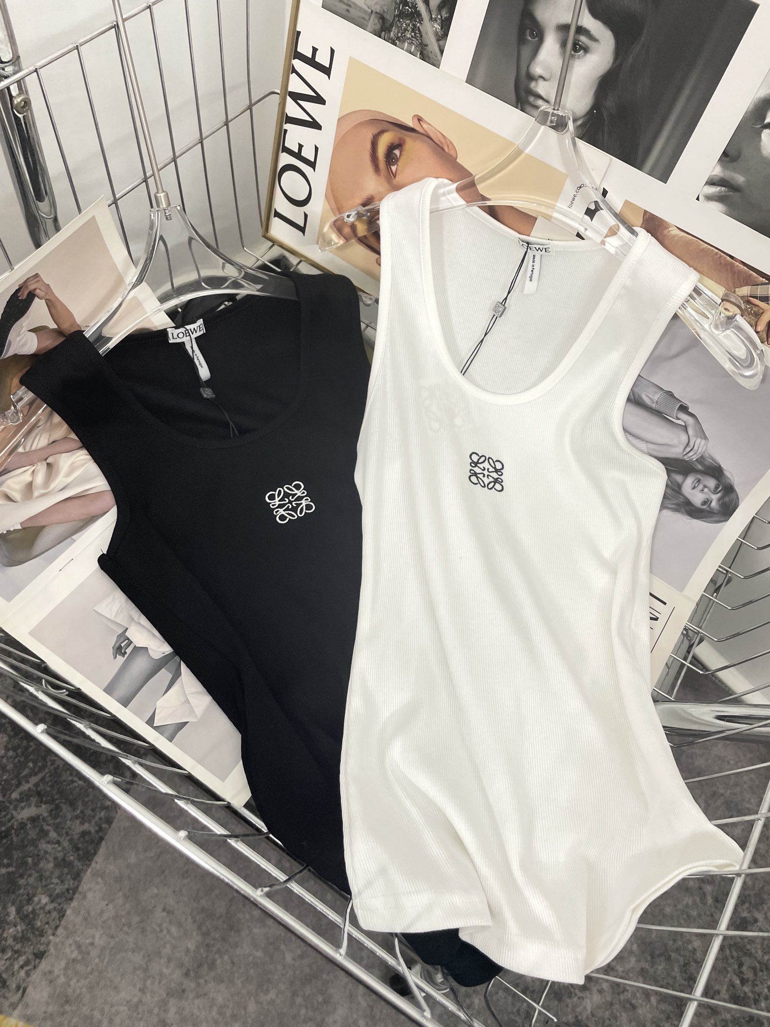 Loewe Clothing Tank Tops&Camis Black White Embroidery Women Cotton Knitting Summer Collection