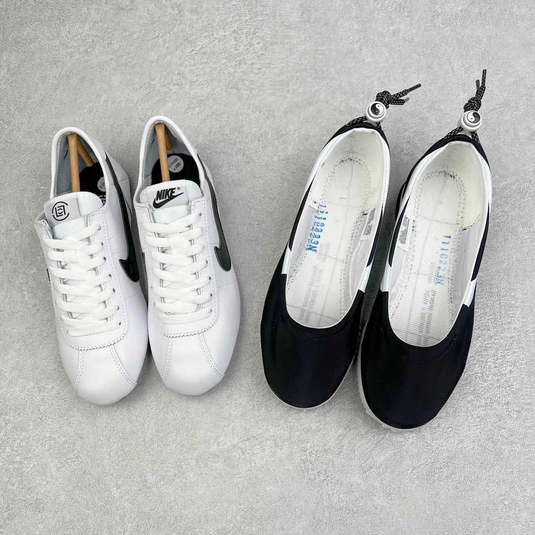 图片[2]-陈冠希Clot x NK Clotez 三合一 太极阴阳 可拆卸潮流复古跑步功夫鞋阿甘鞋 联名黑白 DZ3239-002 从 “Kung Fu Soul\\\”中获取了灵感 结合自己独特的视角与想法 再辅以NK所拥有的技术 打造出了一款三合一设计、并以传统功夫鞋为蓝本的创意球鞋 除了我们看到合并状态之外 Clotez还可以拆开成运动鞋及便鞋两个独立鞋款 一鞋三穿 玩法新颖 一半黑色一半白色的鞋身呈现出百搭「黑白」配色效果 鞋垫后跟包括鞋盒上等细节处都出现了阴阳太极的元素 并且后跟与包装纸上都有功夫元素 整体设计采用经典Cortez造型 内层由优质皮革材质打造 外层是以松紧束带方式进行固定的鞋套 结构十分新颖 材料的远用上也很用心 尺码：36 36.5 37.5 38 38.5 39 40 40.5 41 42 42.5 43 44 44.5 45 46-选品中心