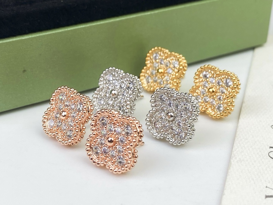 Van Cleef & Arpels Joyas Pendiente Oro Platino Rosas Blanco Amarillo Incrustados con diamantes 925 plata