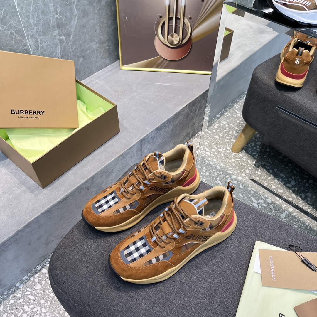 Burberry Zapatos Zapatillas deportivas Marrón Marco de madera a cuadros Hombres Chamois Algodón Cuero vaca Seda Parte superior baja