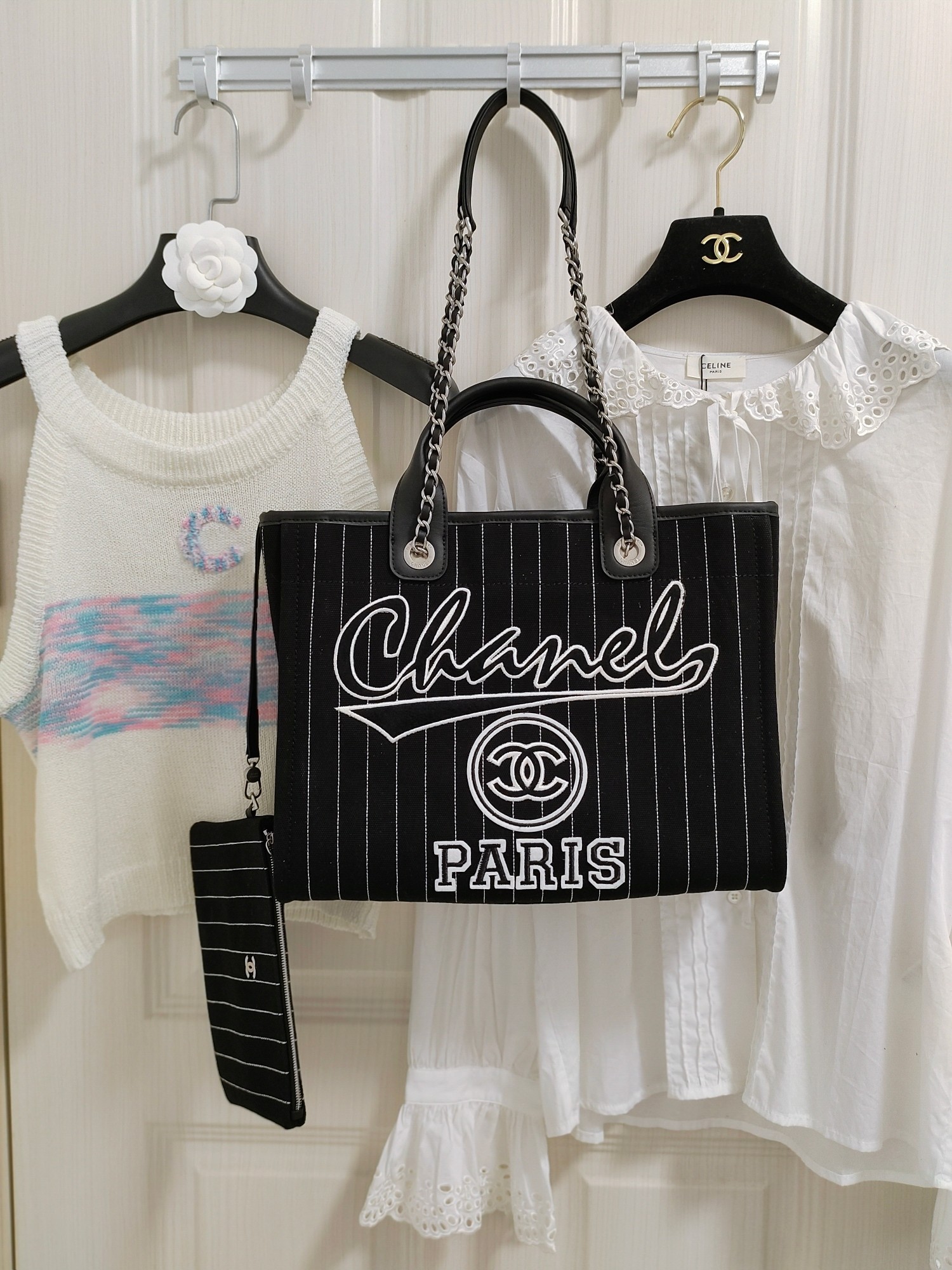 Chanel23p最新款条纹黑沙滩包