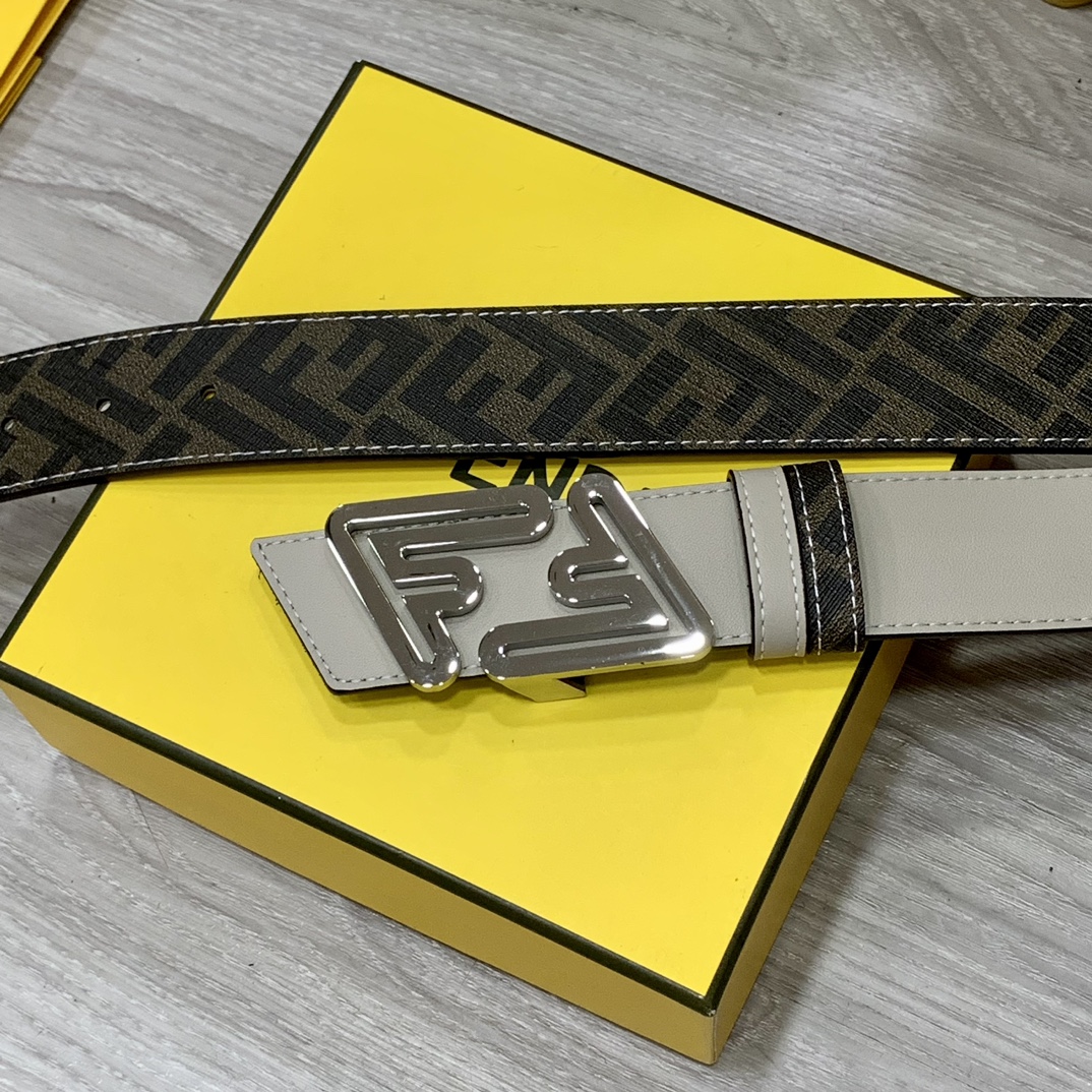 FENDI（芬迪）专柜同款 宽4.0CM 双环正反用腰带 FF按钉搭扣 双色Cuoio Romano皮革