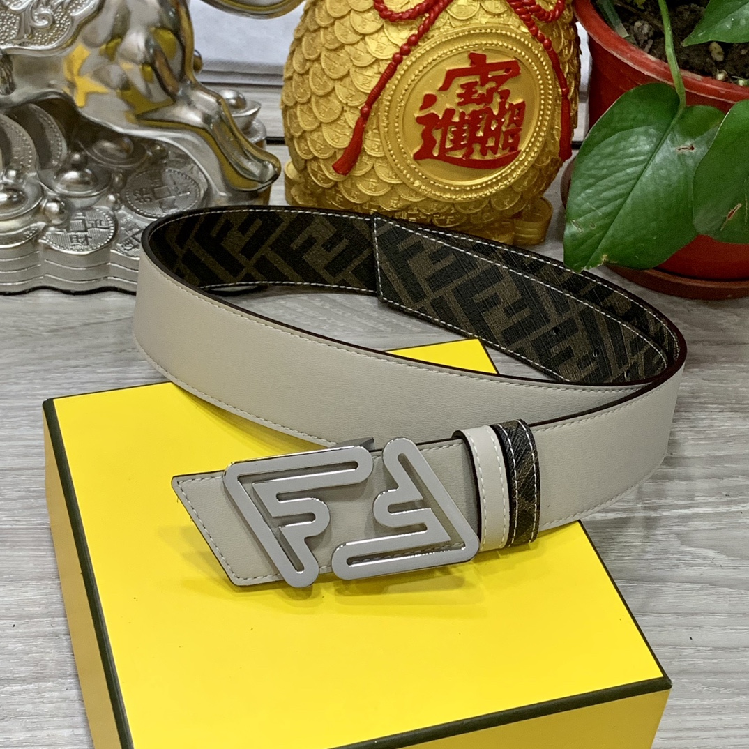 FENDI（芬迪）专柜同款 宽4.0CM 双环正反用腰带 FF按钉搭扣 双色Cuoio Romano皮革