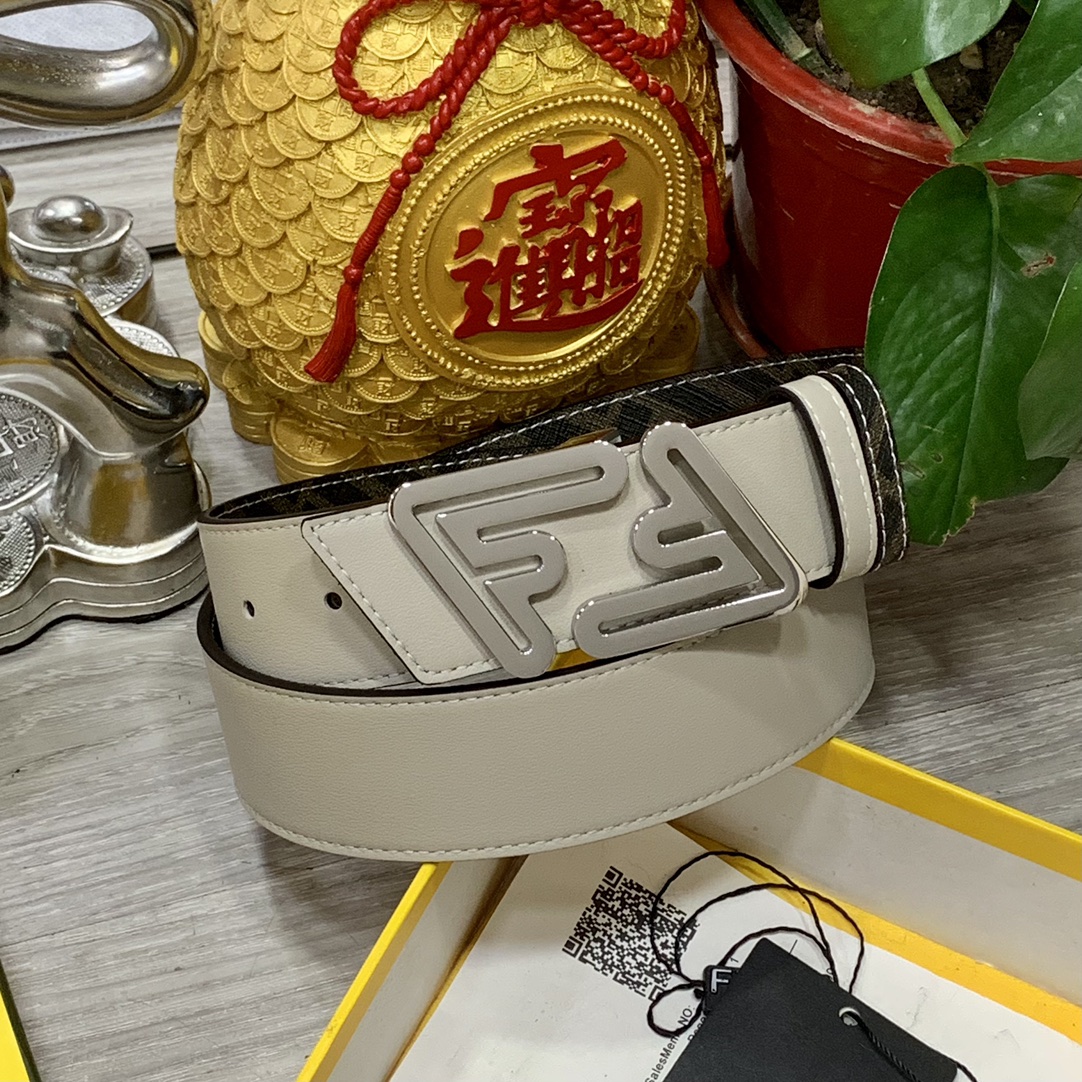 FENDI（芬迪）专柜同款 宽4.0CM 双环正反用腰带 FF按钉搭扣 双色Cuoio Romano皮革