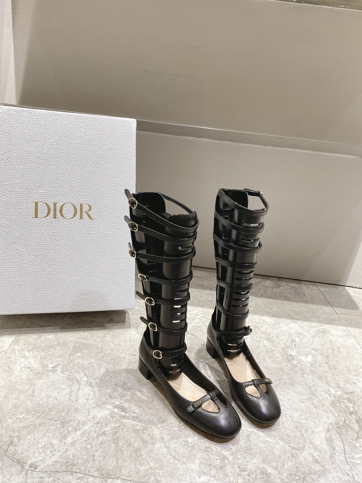 Dior Boots Gold Openwork Genuine Leather Lambskin Patent Sheepskin Fashion
