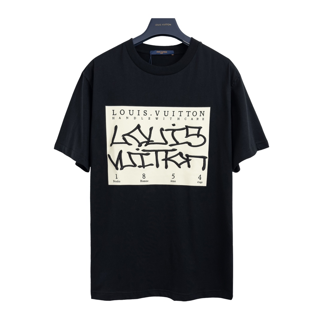 Louis Vuitton Copy
 Clothing T-Shirt Black Embroidery Unisex Cotton Spring/Summer Collection Short Sleeve