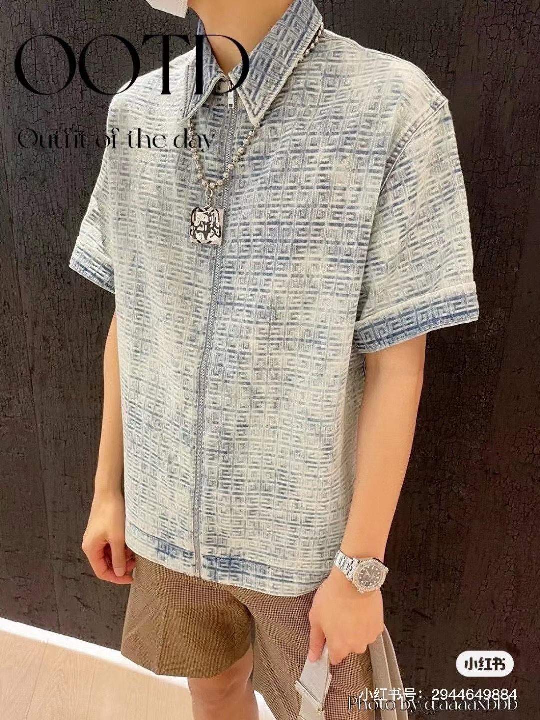 GIVENCYGivenchy 22ssFF jacquard full-print denim short-sleeved shirt upper bod