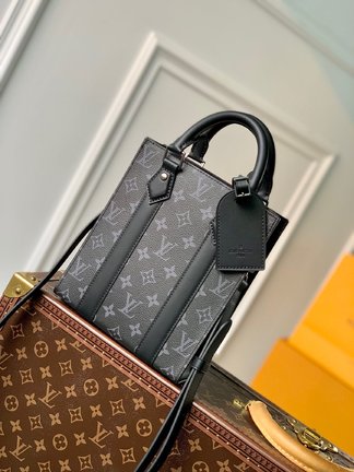Louis Vuitton LV Sac Plat Bags Handbags Black Monogram Canvas Cowhide Fabric Mini M46453