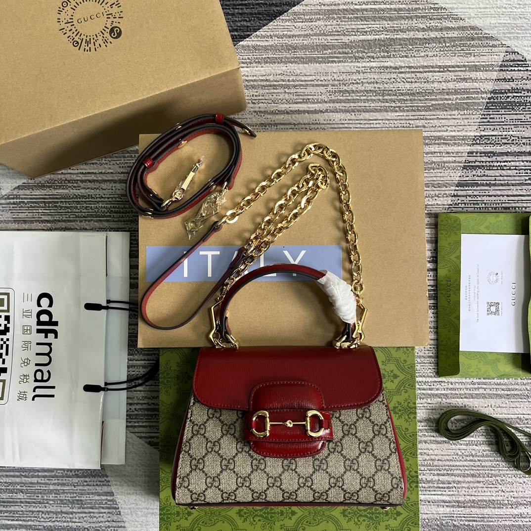 GUCCI 1955 迷你肩背包 PVC 織帶 復古古銅五金