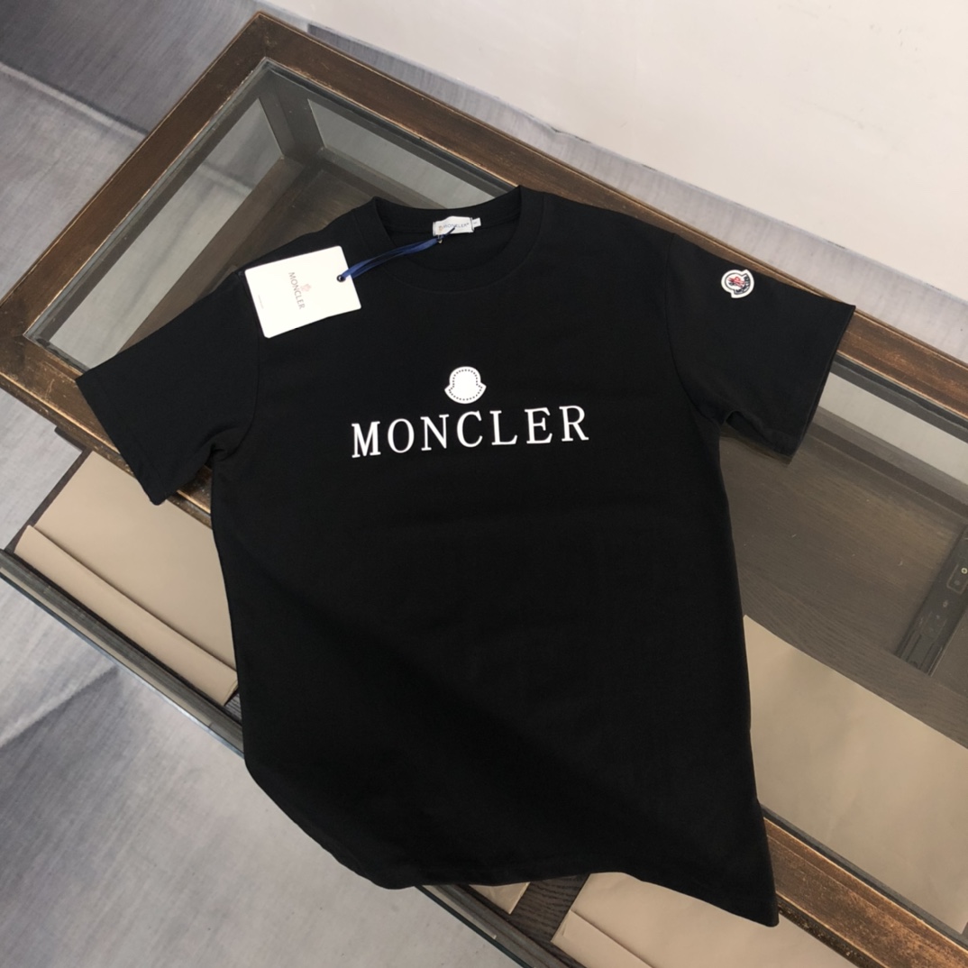 Moncler Clothing T-Shirt Black Blue White Printing Cotton Fashion