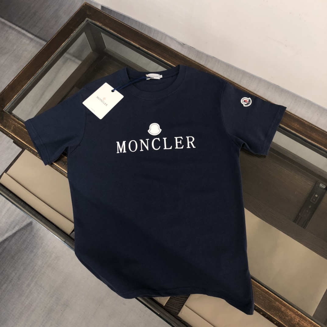 Moncler Clothing T-Shirt Black Blue White Printing Cotton Fashion