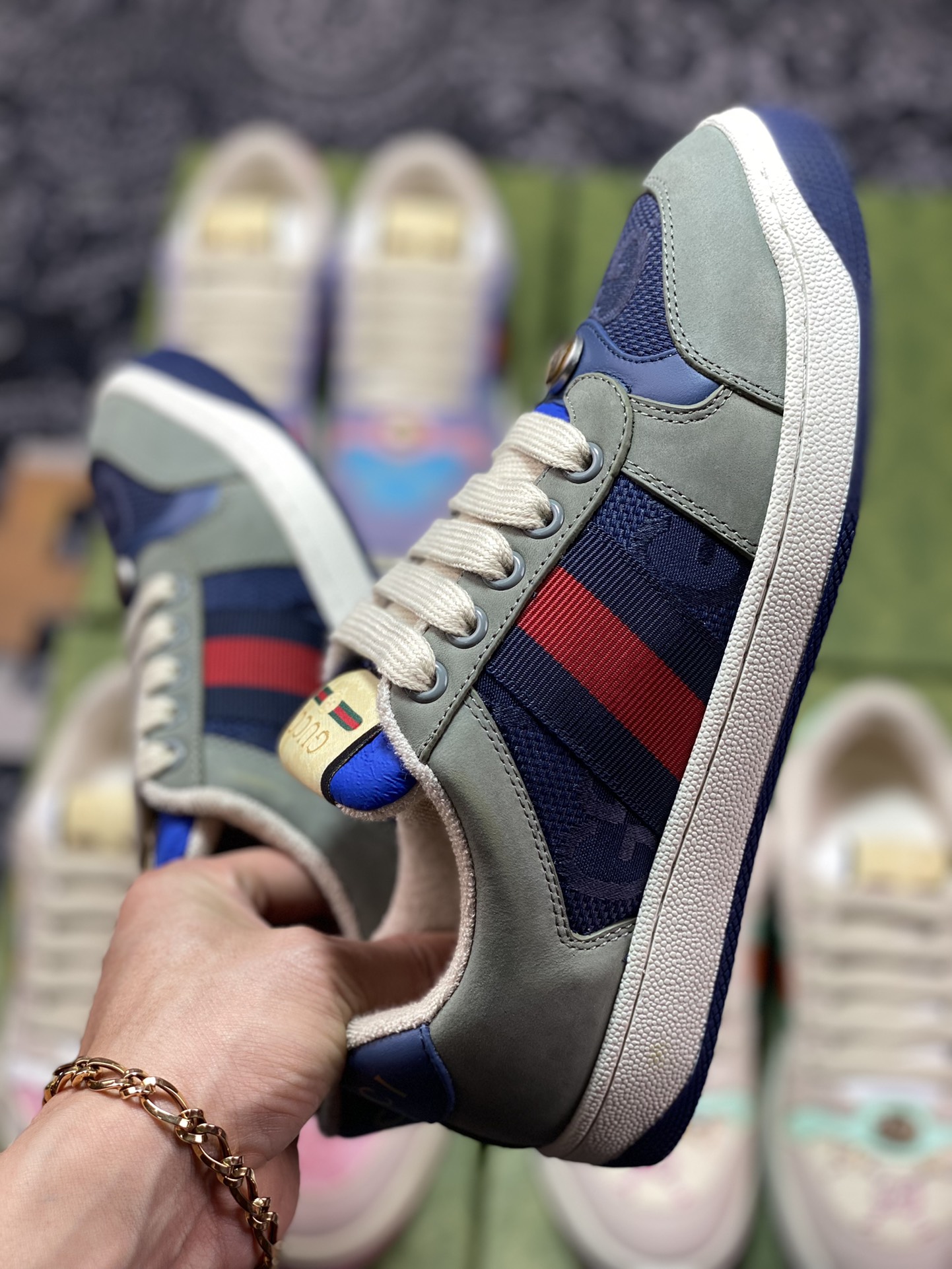 Gucci Screener GG Sneaker Low Classic Prototype Series Low ”Light Gray Dark Blue Blue Red GG Cloth” 431942 A38G0 9064