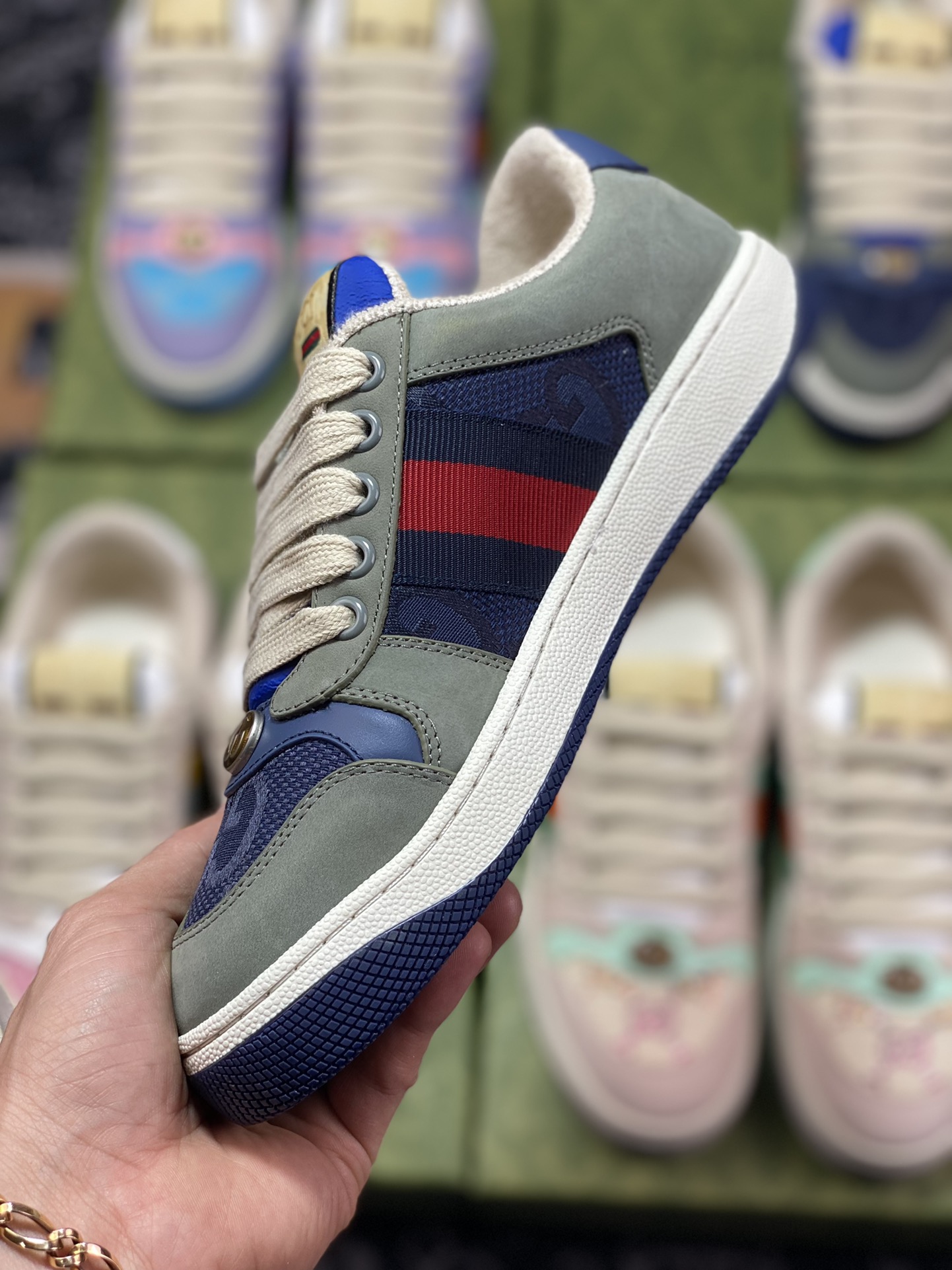 Gucci Screener GG Sneaker Low Classic Prototype Series Low ”Light Gray Dark Blue Blue Red GG Cloth” 431942 A38G0 9064