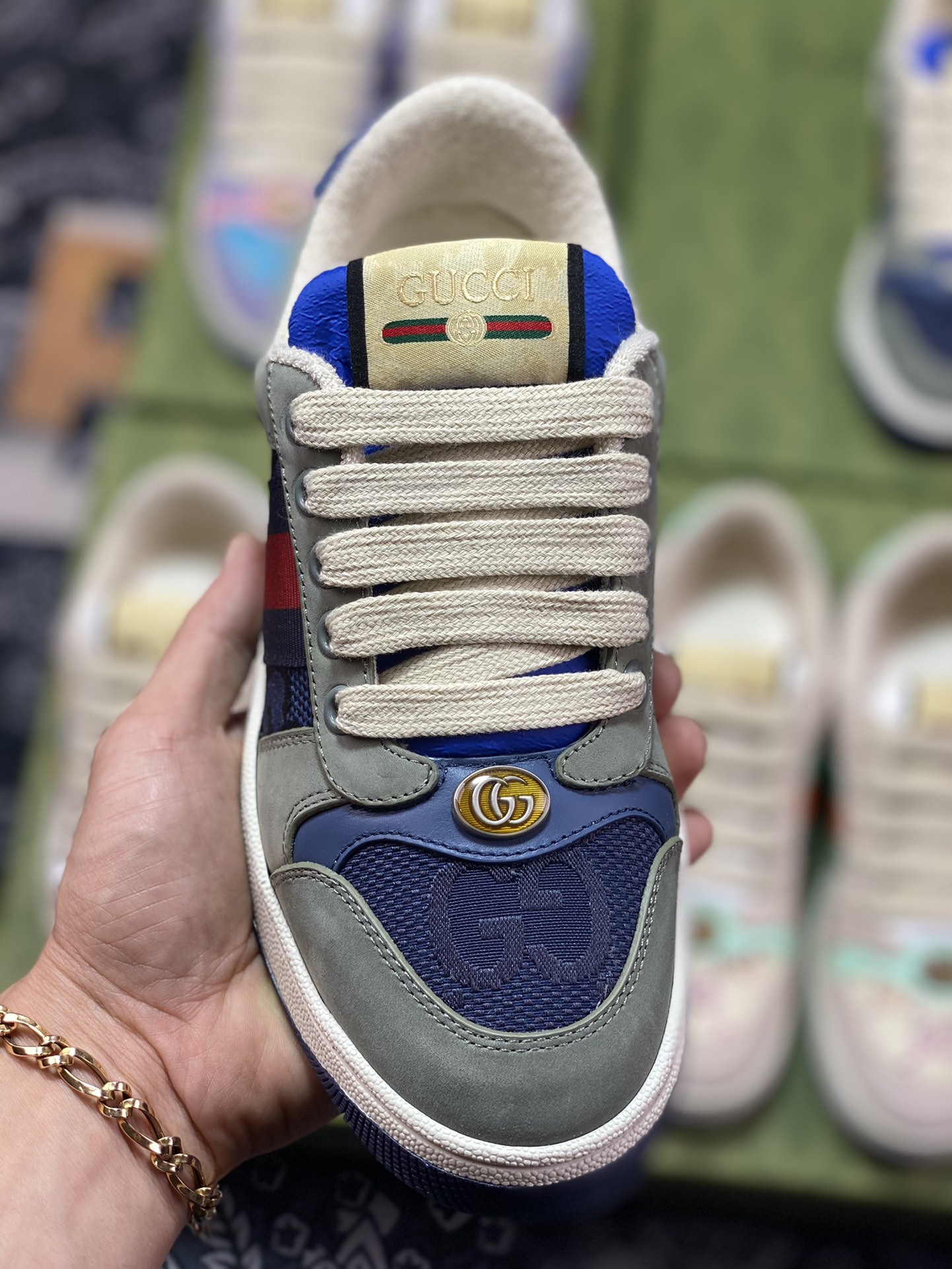 Gucci Screener GG Sneaker Low Classic Prototype Series Low ”Light Gray Dark Blue Blue Red GG Cloth” 431942 A38G0 9064