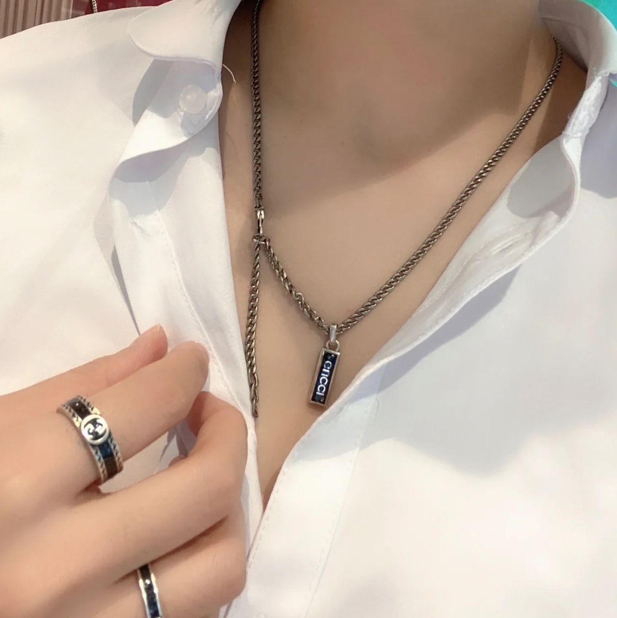 NO:104581,Gucci 925 sterling silver green light gray enamel black pendant necklace size 505cm, Gucci necklace, gucci, gucci, necklace, pure silver19860909Gucci古驰925纯银绿色浅灰色珐琅黑色吊坠项链 尺寸505cm,古驰项链,gucci,gucci,necklace,pure silver,Jewelry