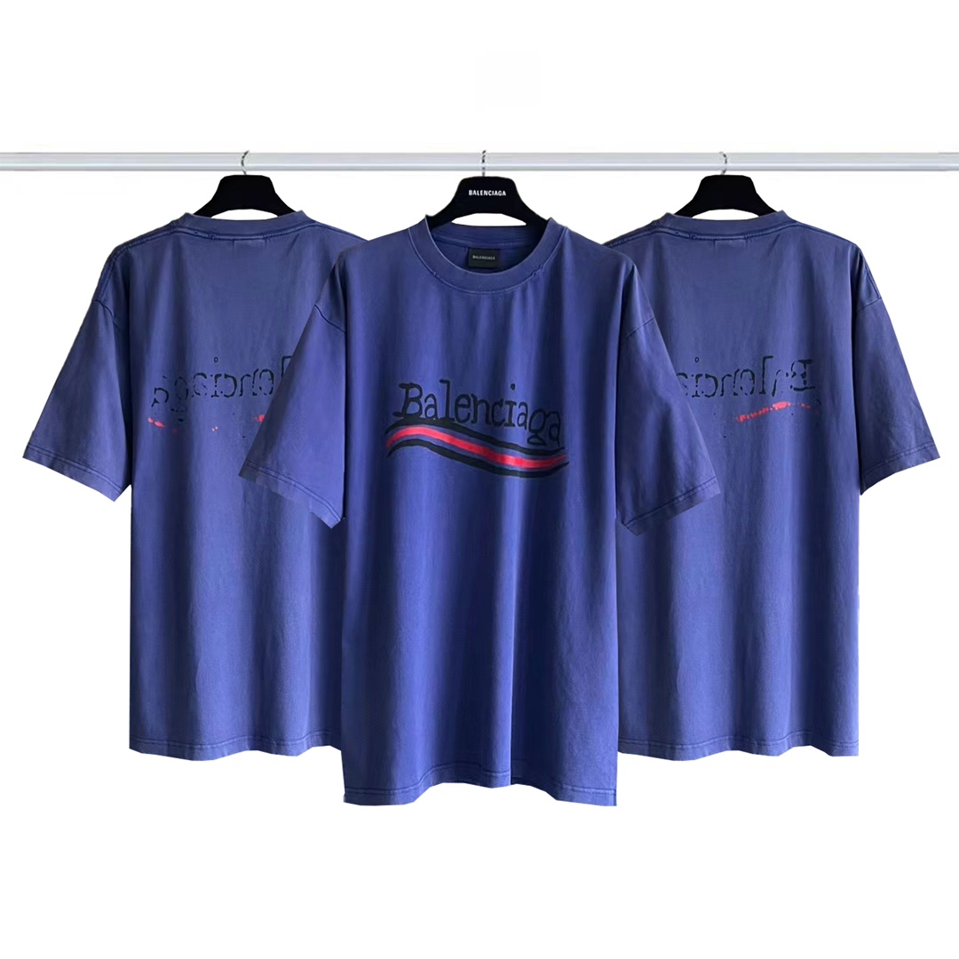 Balenciaga Clothing T-Shirt Blue Printing Combed Cotton Short Sleeve