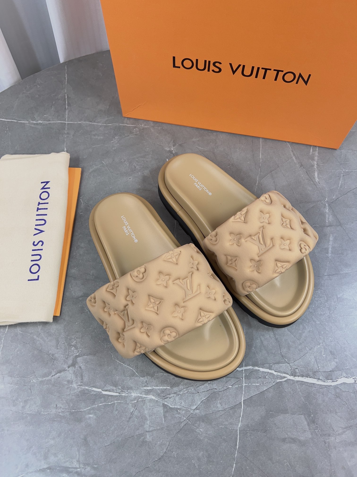 Louis Vuitton Pool Pillow Comfort Flat Sandal Monogram Embossed Beige