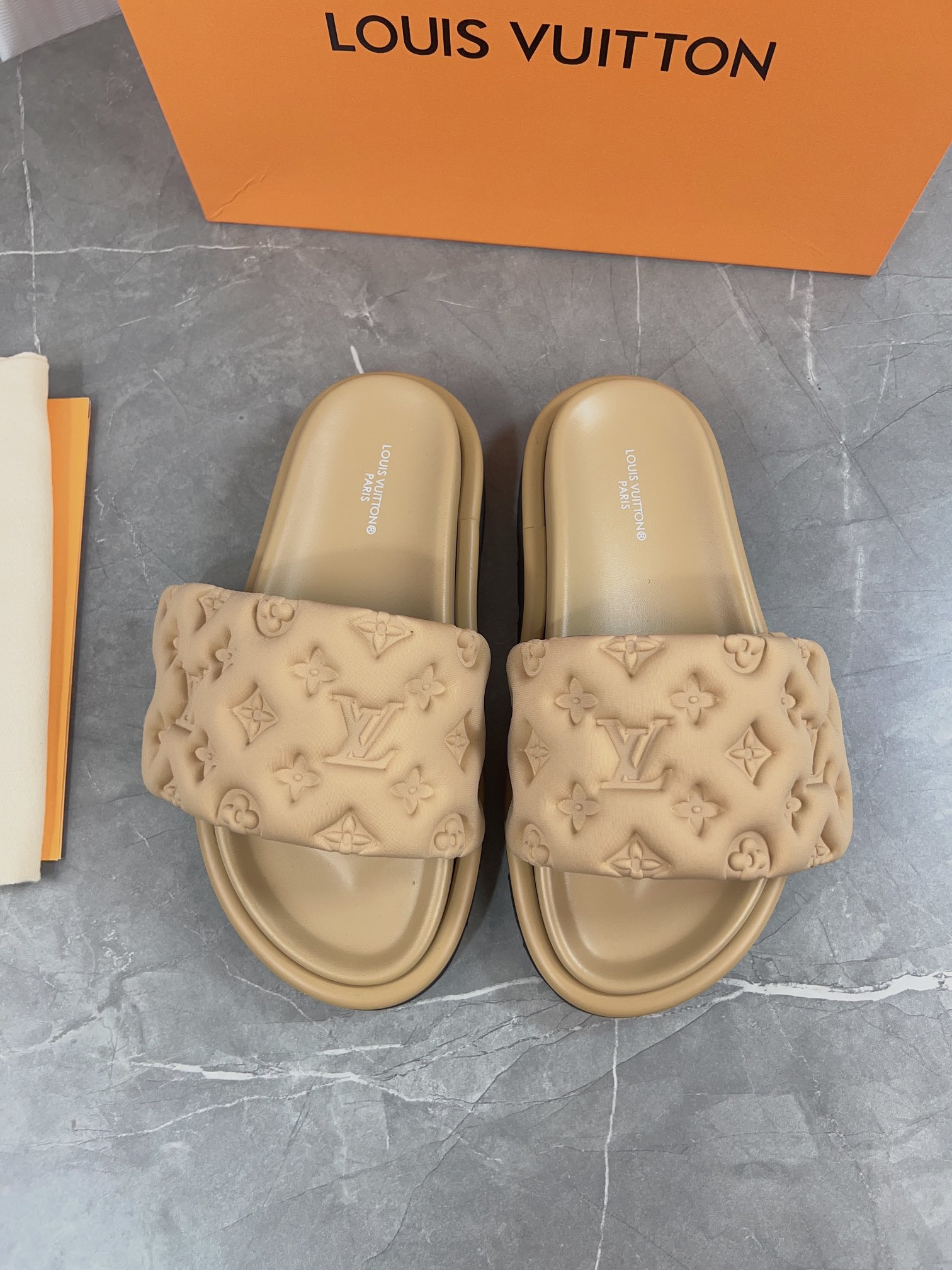 Louis Vuitton Pool Pillow Comfort Flat Sandal Monogram Embossed Beige 9 i1679661651 4268 8
