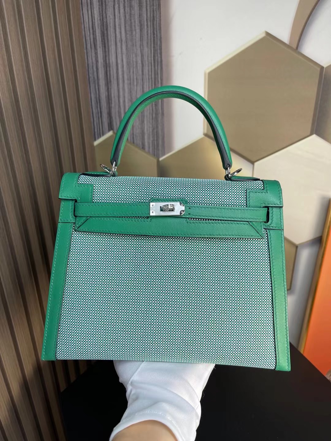 Hermes Kelly Handbags Crossbody & Shoulder Bags Dark Green Sewing Silver Hardware Canvas Weave