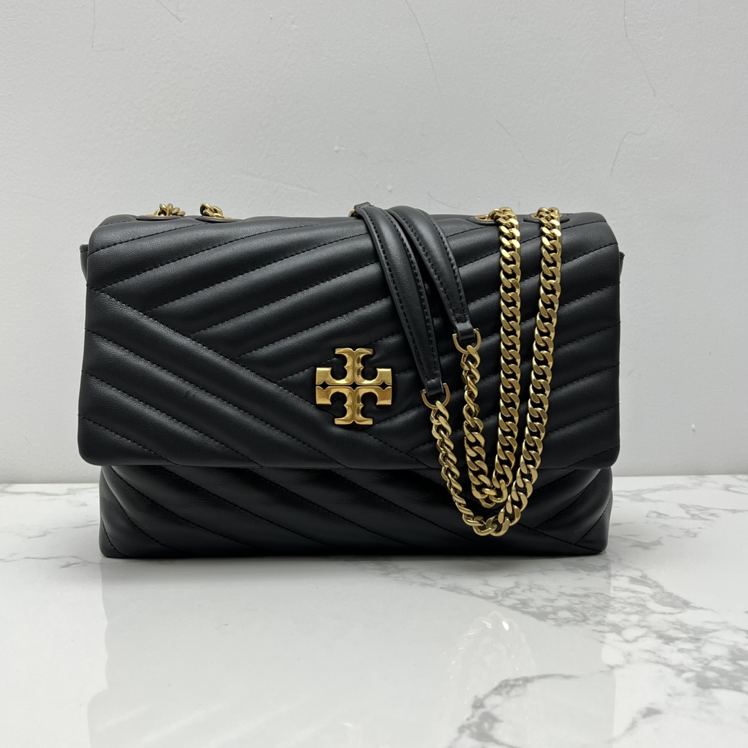 Tory Burch ～TORYBURCH 新款 90446 KITA CHEVRON 羊皮女生单肩 斜挎包 黑色 白色 尺寸 27