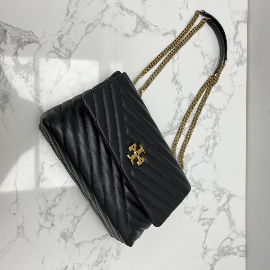 Tory Burch ～TORYBURCH 新款 90446 KITA CHEVRON 羊皮女生单肩 斜挎包 黑色 白色 尺寸 27