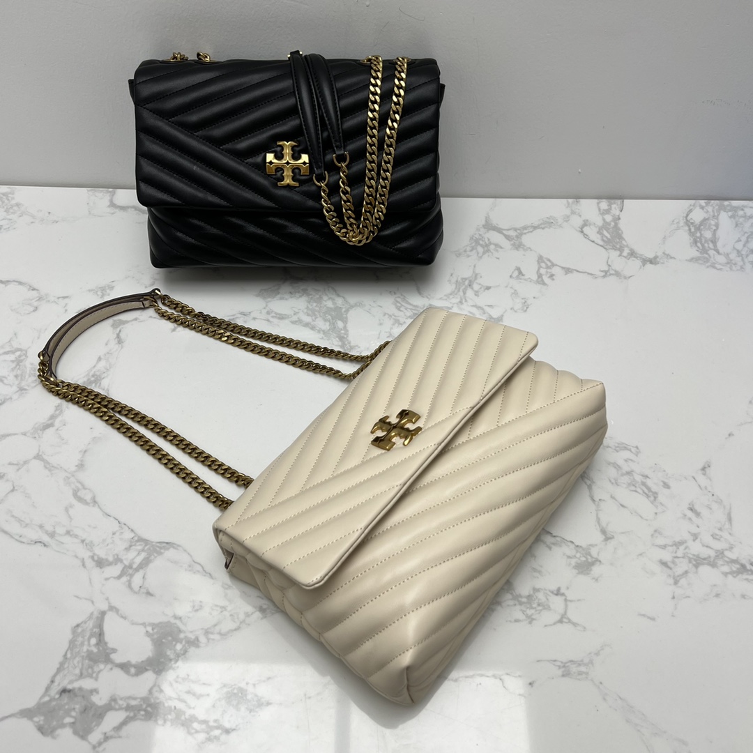Tory Burch ～TORYBURCH 新款 90446 KITA CHEVRON 羊皮女生单肩 斜挎包 黑色 白色 尺寸 27