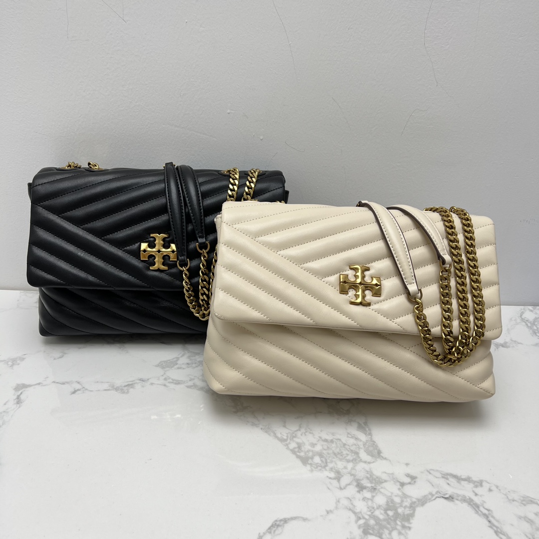 Tory Burch ～TORYBURCH 新款 90446 KITA CHEVRON 羊皮女生单肩 斜挎包 黑色 白色 尺寸 27