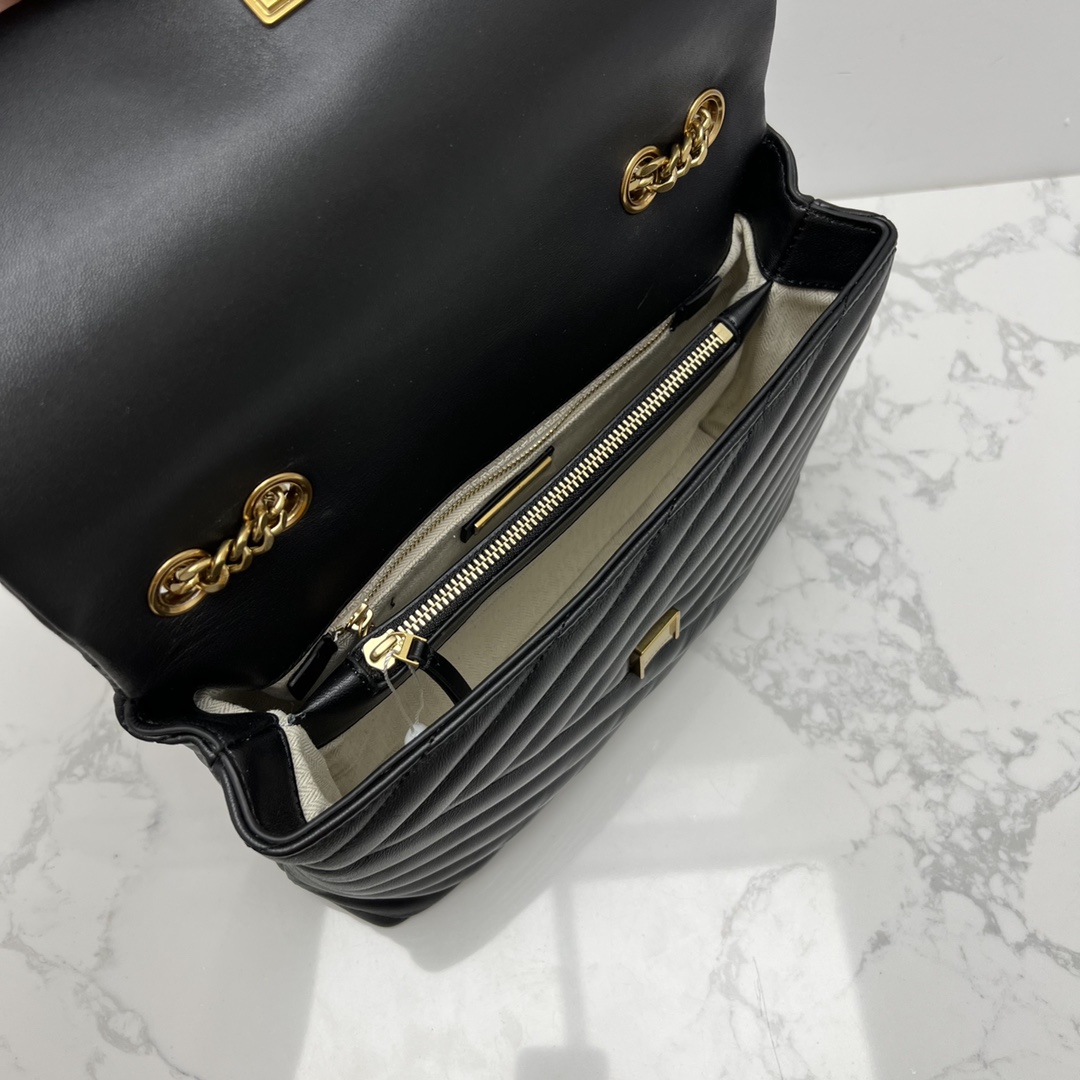 Tory Burch ～TORYBURCH 新款 90446 KITA CHEVRON 羊皮女生单肩 斜挎包 黑色 白色 尺寸 27