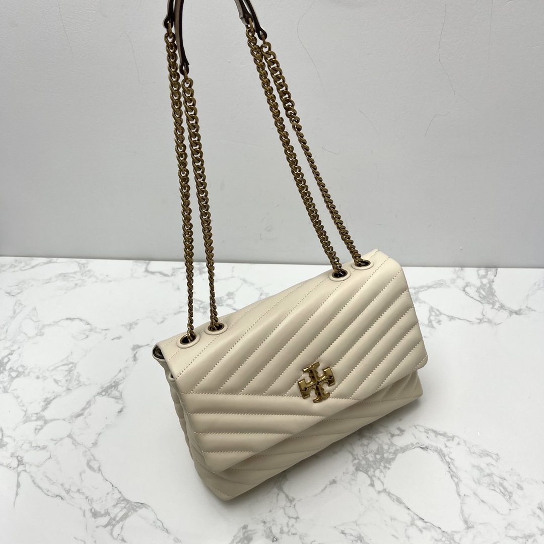 Tory Burch ～TORYBURCH 新款 90446 KITA CHEVRON 羊皮女生单肩 斜挎包 黑色 白色 尺寸 27