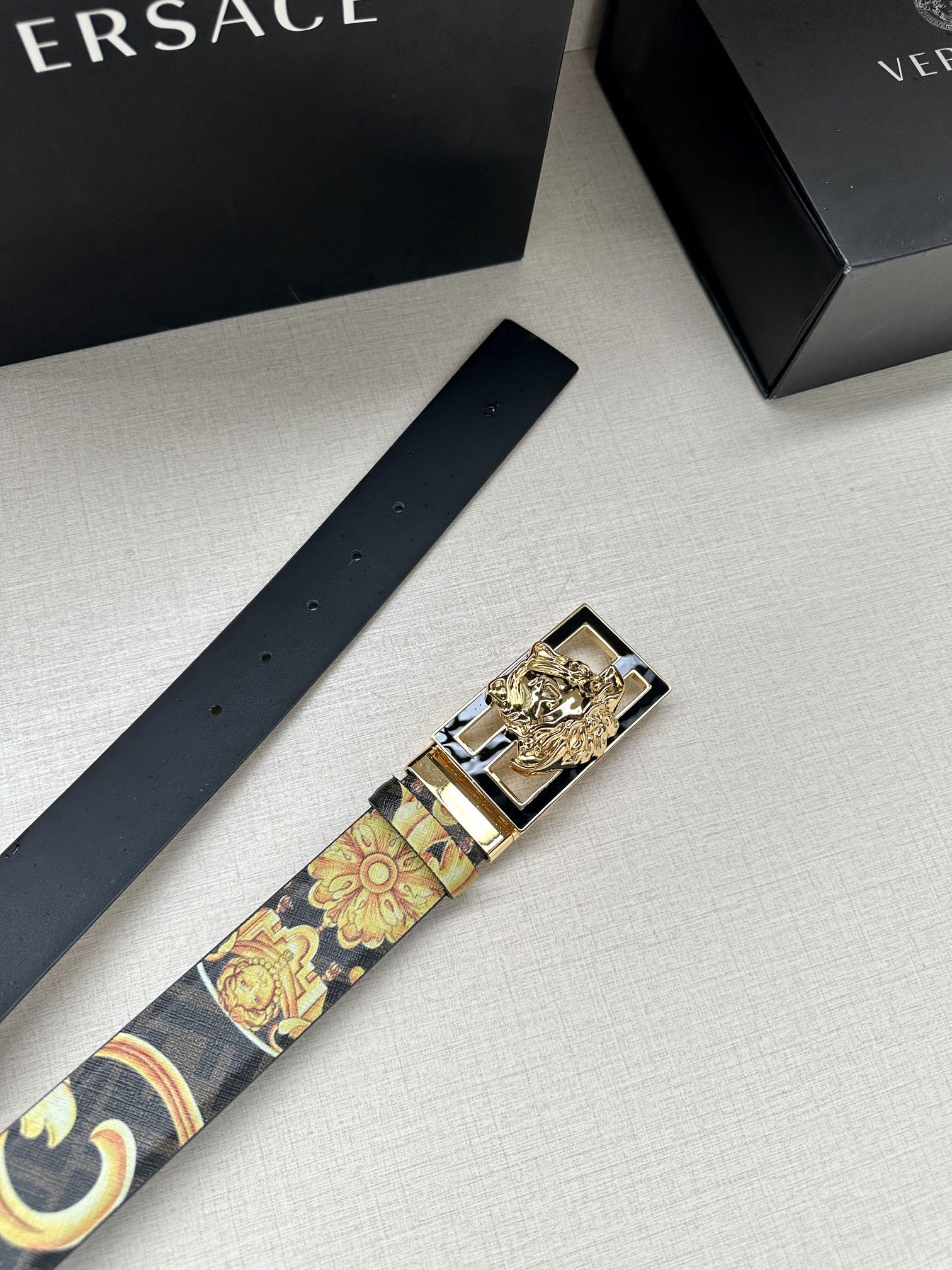 宽度3.8cmVERSACE/FENDI标志造型宽皮带联名钉扣/旋转式美人头扣范思哲原版进3D打印花绘印