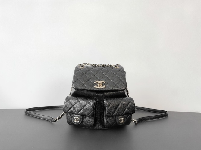 Chanel 23P Black Leather Quilted Backpack with Double Pocket - 20.5x20x11cm 1 Chanel 23P Black Leather Quilted Backpack with Double Pocket - 20.5x20x11cm