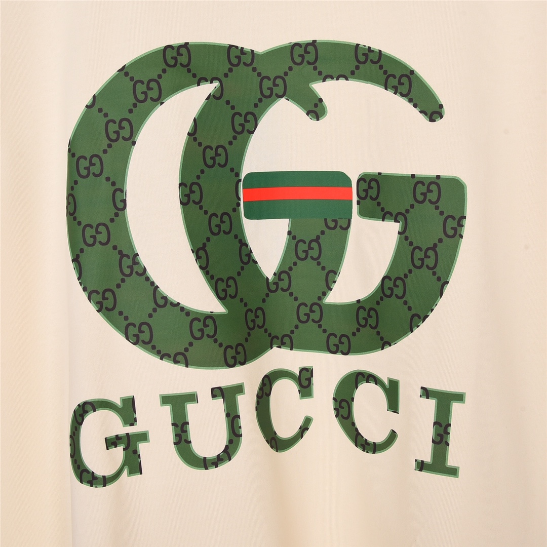 上新170 GUCCI 古驰 23Fw春夏最新双G绿色双G字母印花短袖
