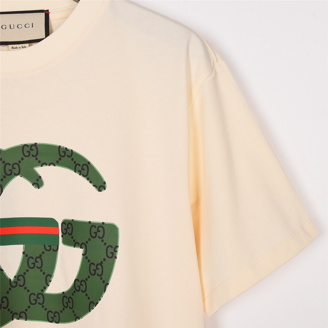 上新170 GUCCI 古驰 23Fw春夏最新双G绿色双G字母印花短袖