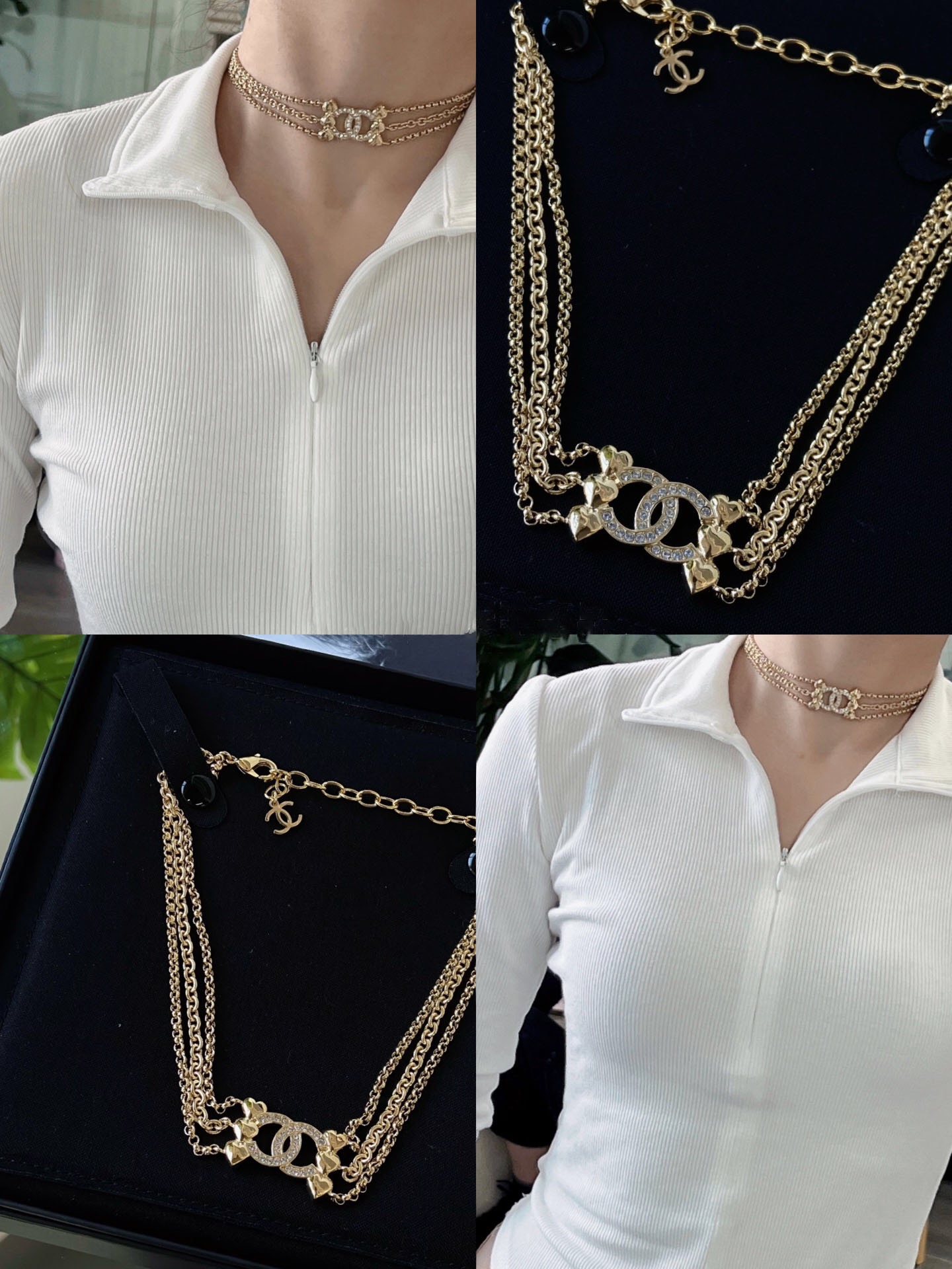 NO:104143,90 CH 23 Three-layer chain Metal love choker necklace Z6000 purchased can be very sweet or fashionable. The three-layer chain design makes the neck look slender. Summer is coming soon. Sisters must arrange a Chanel necklace as the highlight of their outfits. Chanel necklace, chanel, necklace1986090990 CH 23 三层链条 金属爱心 choker 项链 Z6000购入 可以是很甜美 也可以是很时髦的一款 三层的链条设计显得脖子修长 夏天马上来啦 姐妹必须安排一条香奈儿颈链作为 穿搭时的亮点啦的,香奈儿项链,chanel,necklace,Jewelry