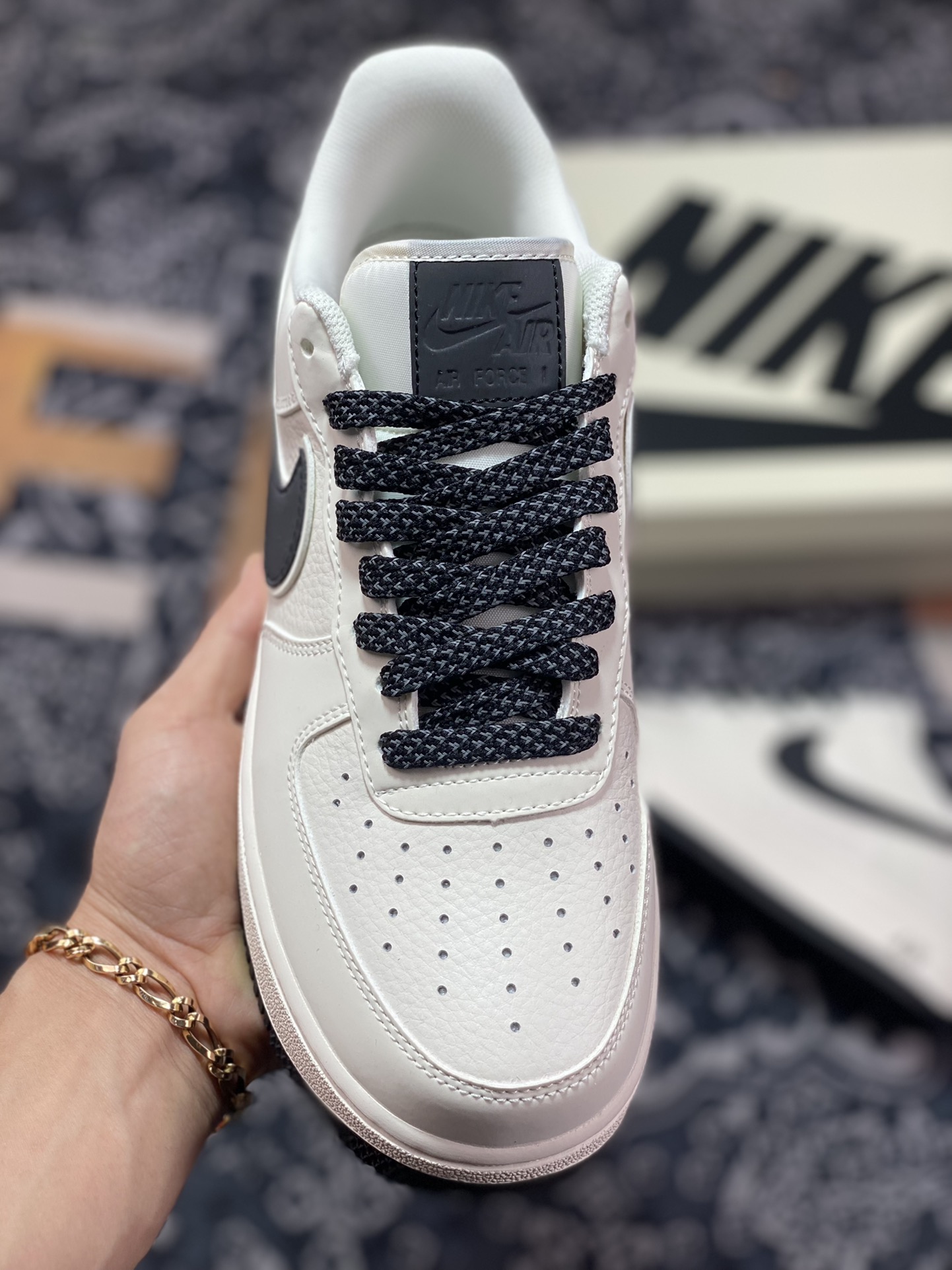 240 Nike Air Force 1’07 Low”Beige White/Black Reflective” “皮革米白黑3M反光叠钩”GL6835-001