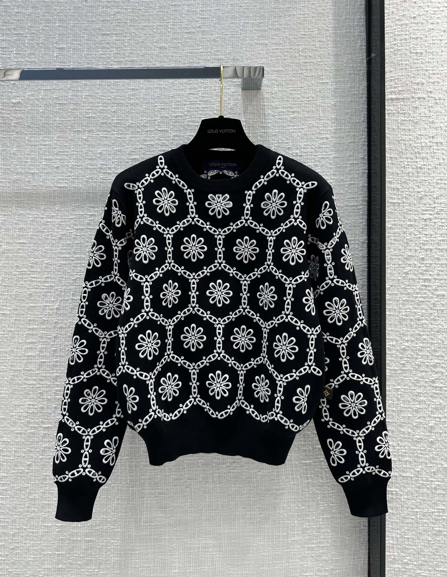 Louis Vuitton Clothing Knit Sweater Black White Embroidery Knitting