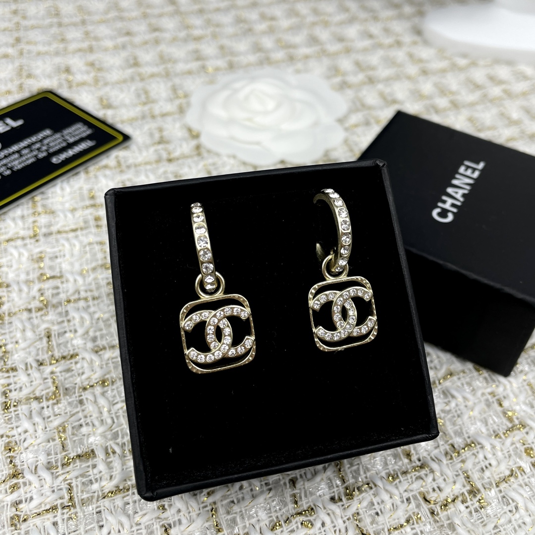 CHANEL Earrings Openwork Double C Diamond-studded Ear Hooks