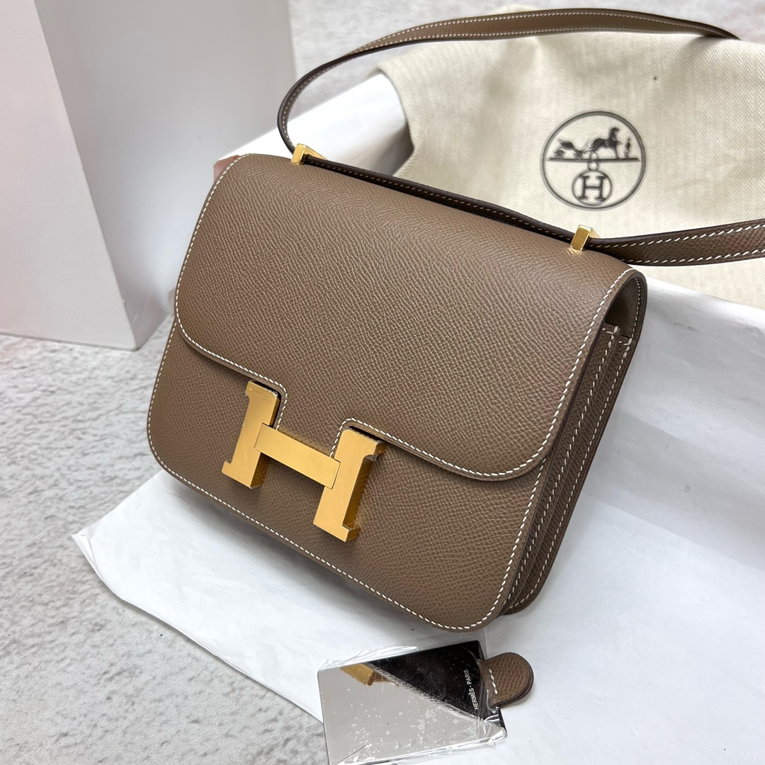 Hermès 25 small quantity arrived! Mirror Constance19cm Epsom original palmprint leather ck18 elephant gray Etoupe gold buckle mirror style top ha