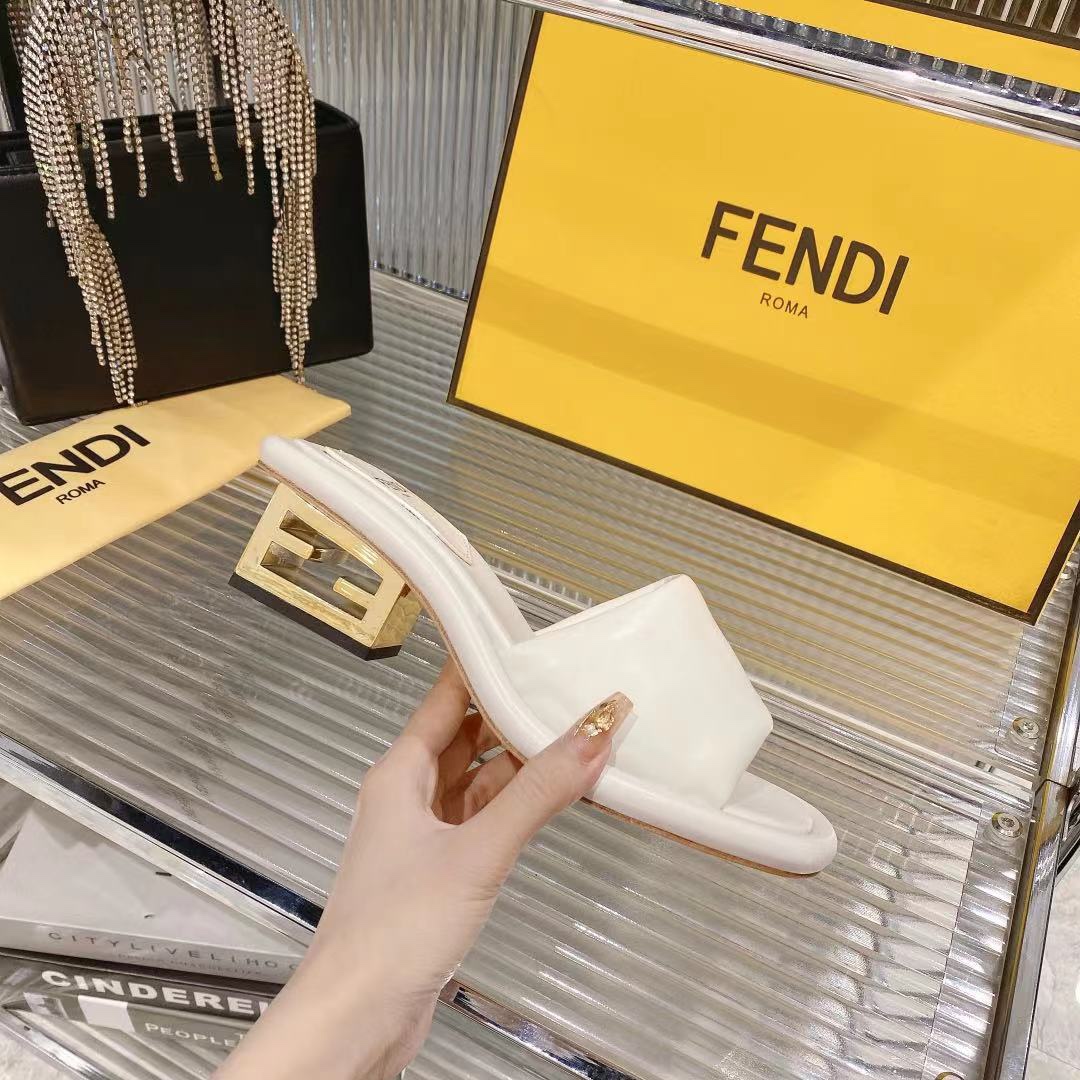 Fendi Women's White Leather Platform Heeled Sandals Slides Luxury Designer 6 i1680014458 4510 4