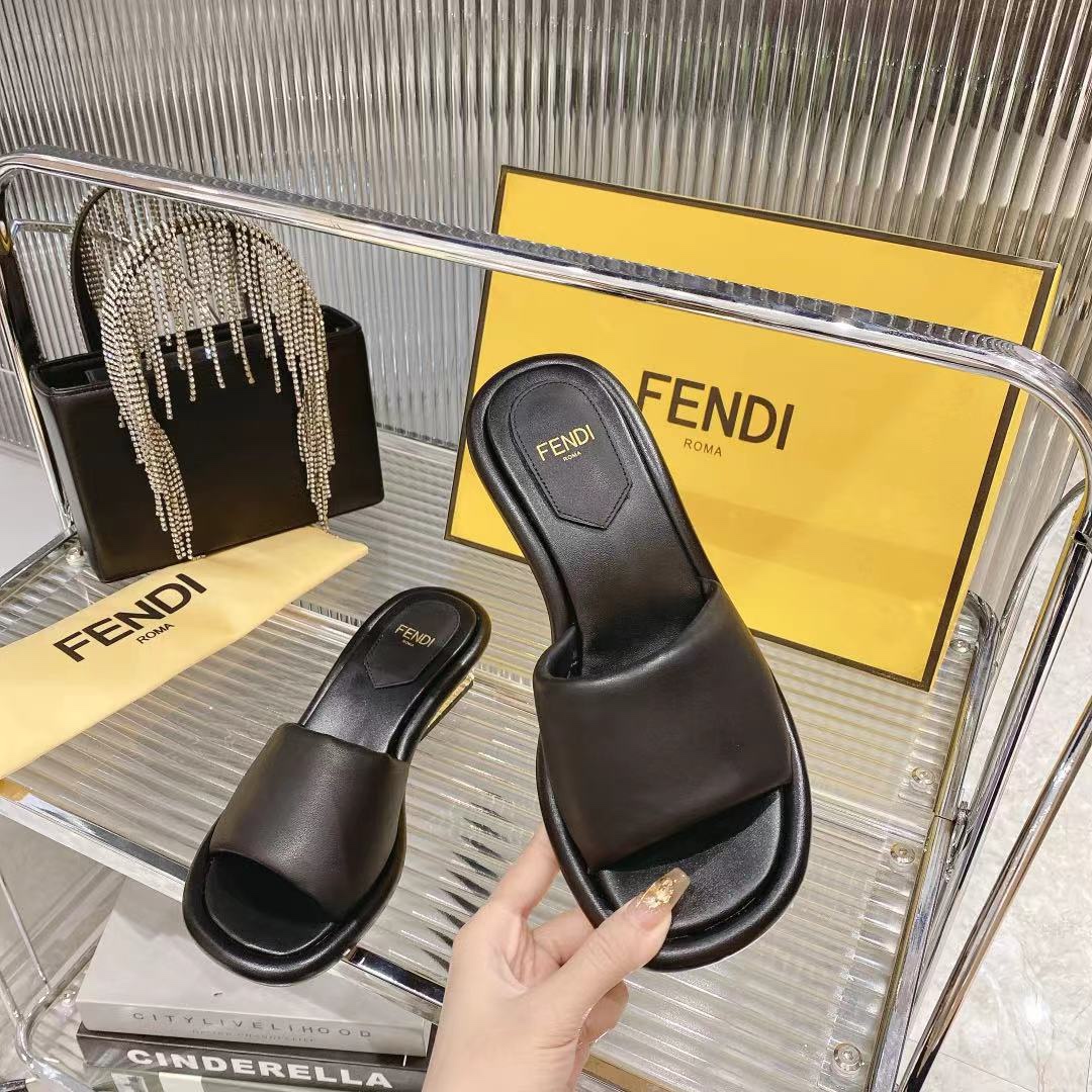 Fendi Women's Black Leather Block Heel Sandals Slides, Comfortable and Stylish 5 i1680014607 3617 3