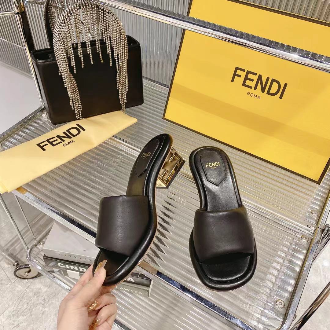 Fendi Women's Black Leather Block Heel Sandals Slides, Comfortable and Stylish 2 i1680014607 7556 2