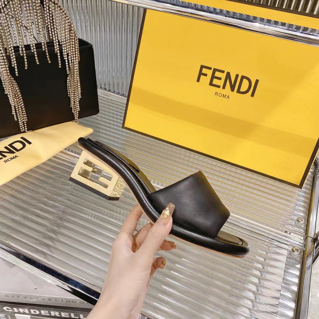 Fendi Women's Black Leather Block Heel Sandals Slides, Comfortable and Stylish 6 i1680014607 906 4