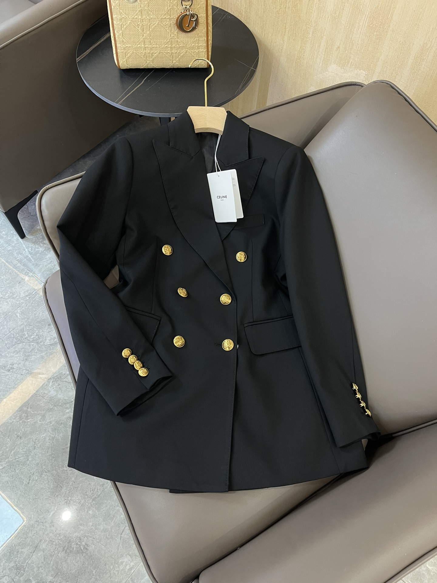 23684#新款西装外套celine专柜顶级货双排金扣西装外套黑色SMLXL