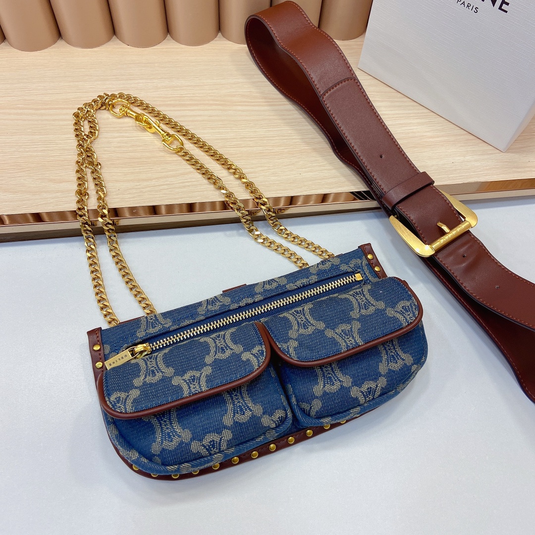 赛琳新品-牛仔布腰包斜挎包配皮带质感
