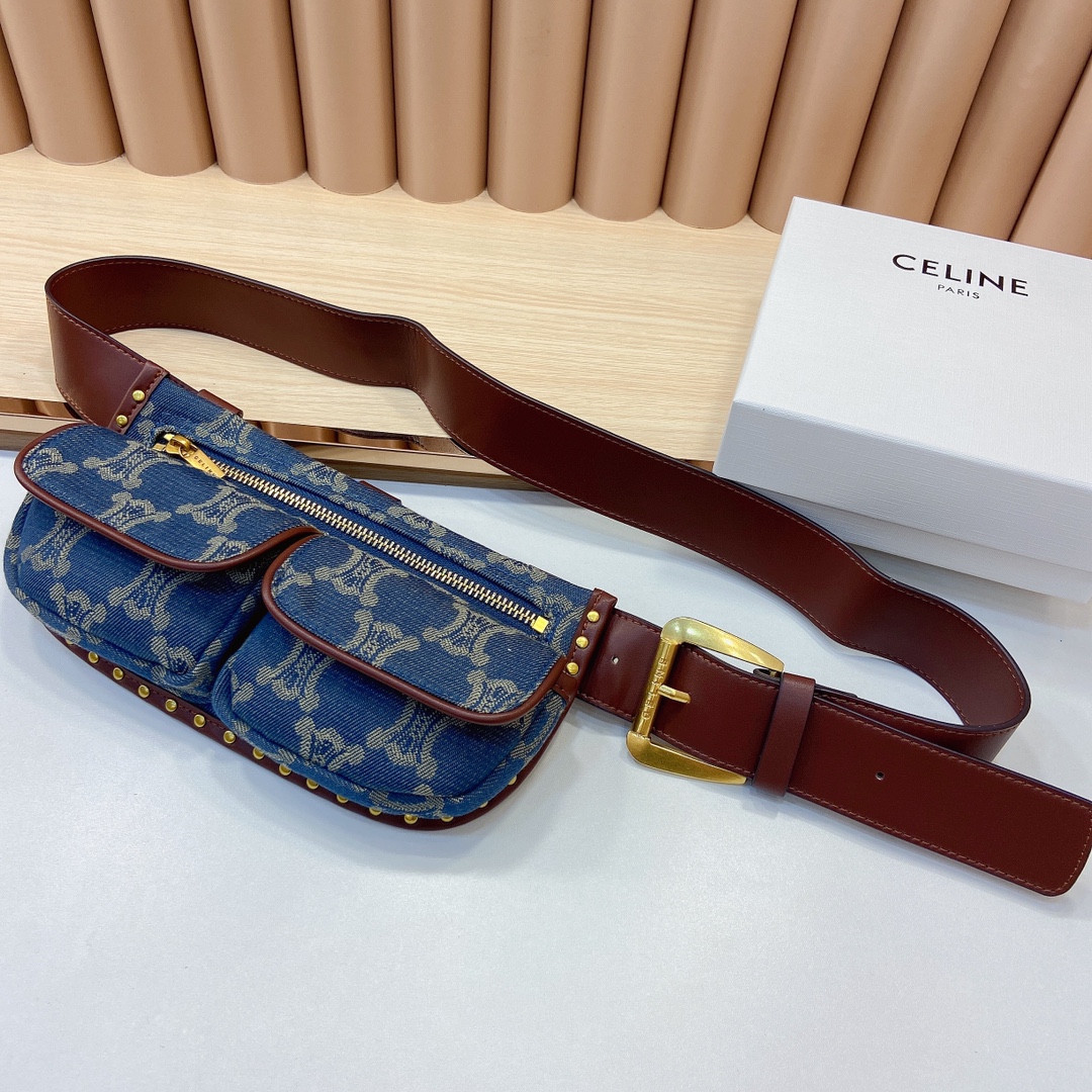 赛琳新品-牛仔布腰包斜挎包配皮带质感