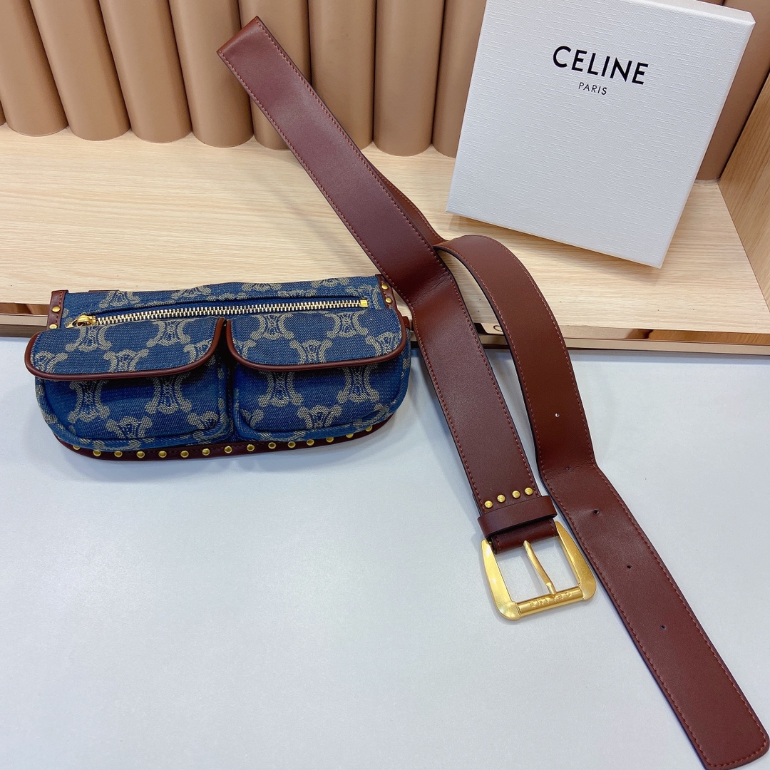 赛琳新品-牛仔布腰包斜挎包配皮带质感