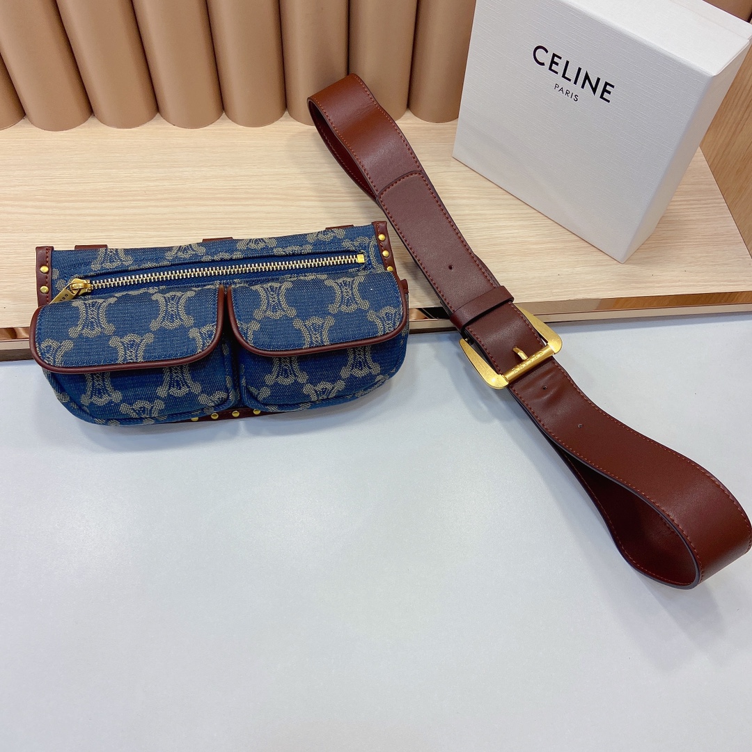 赛琳新品-牛仔布腰包斜挎包配皮带质感