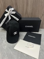 Chanel Hats Baseball Cap Black White Embroidery Unisex Cotton