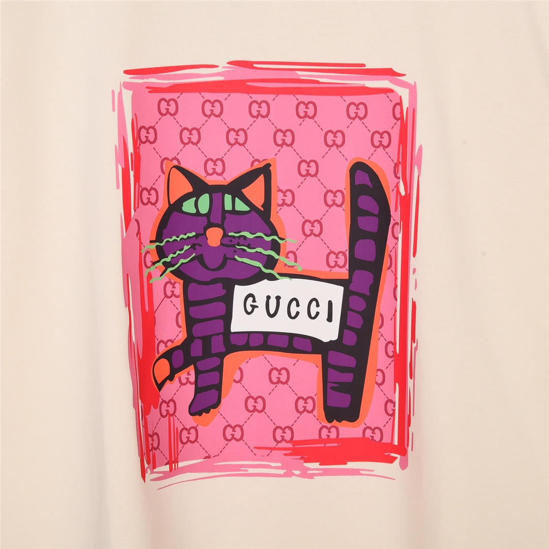 上新170 GUCCI 古驰 春夏新款粉色猫咪印花短袖